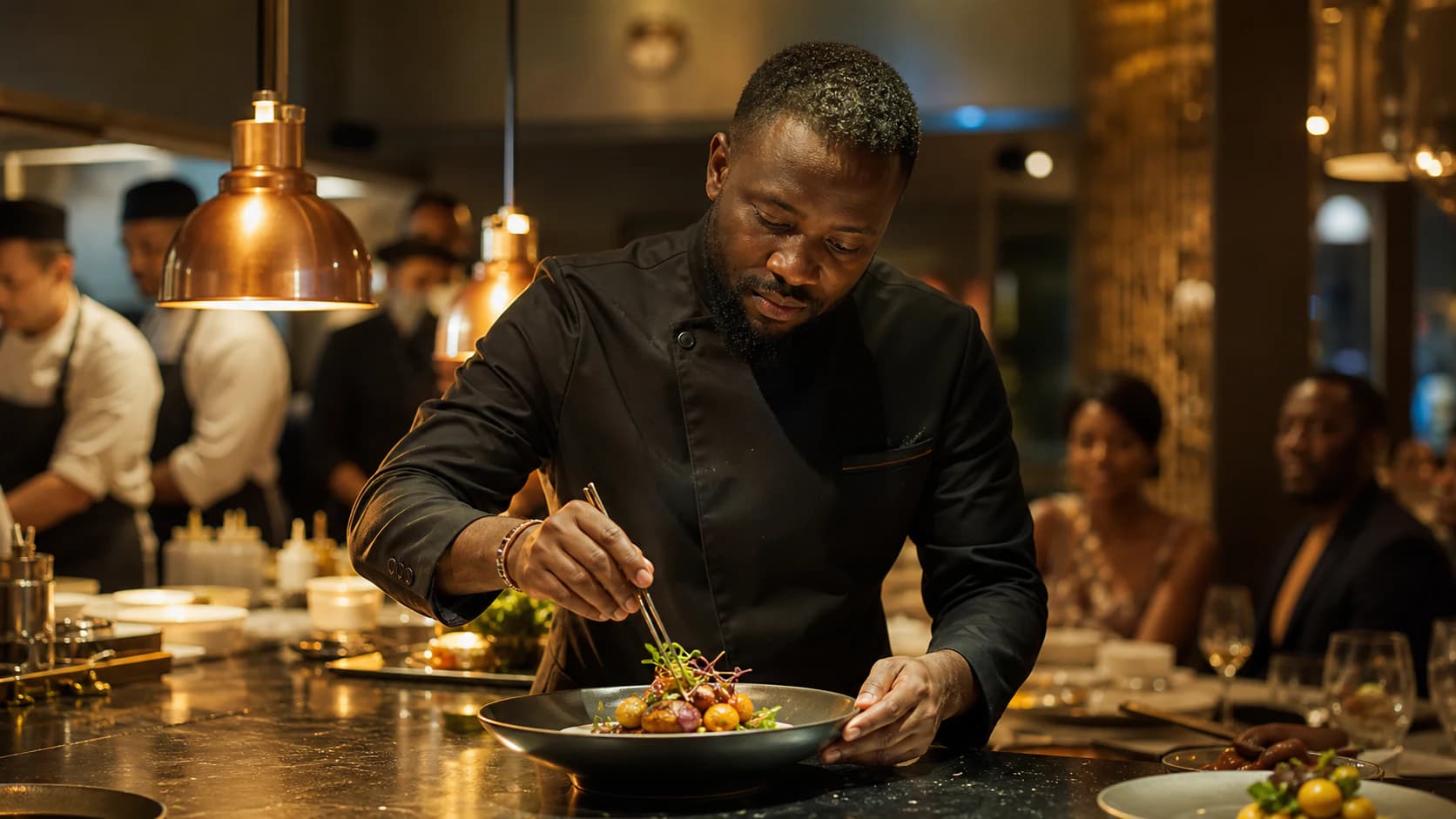 Chef Koffi dressant son plat signature pendant un direct
